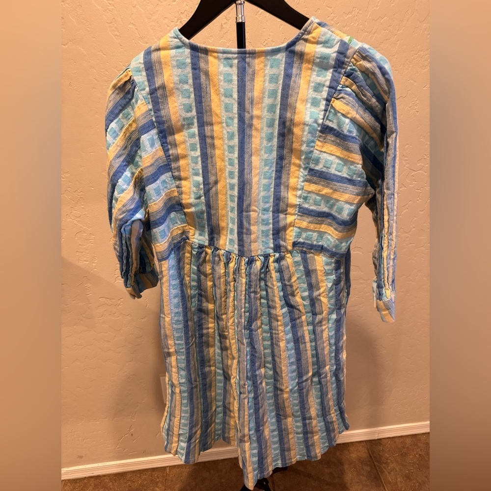 Reba Blue, Yellow & White Striped Floral Embroidered Midi Dress With Pockets - Picture 5 of 7